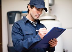 Plumber completing report for insurance after flood damage