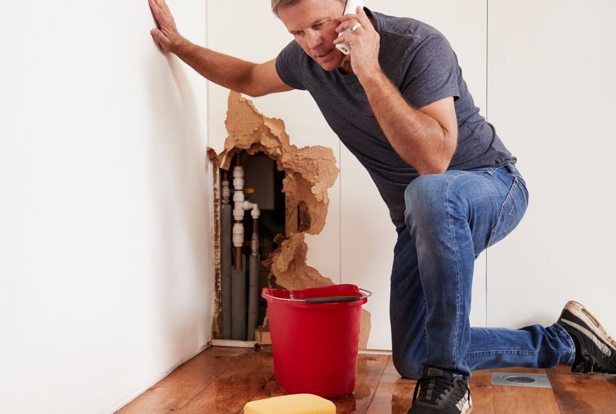 Man calling professional plumber in North Sydney, kneeling over red bucket catching water from a leaky pipe. Wall next to him is broken from water damage. Services available for leaky toilet, tap and showers too.