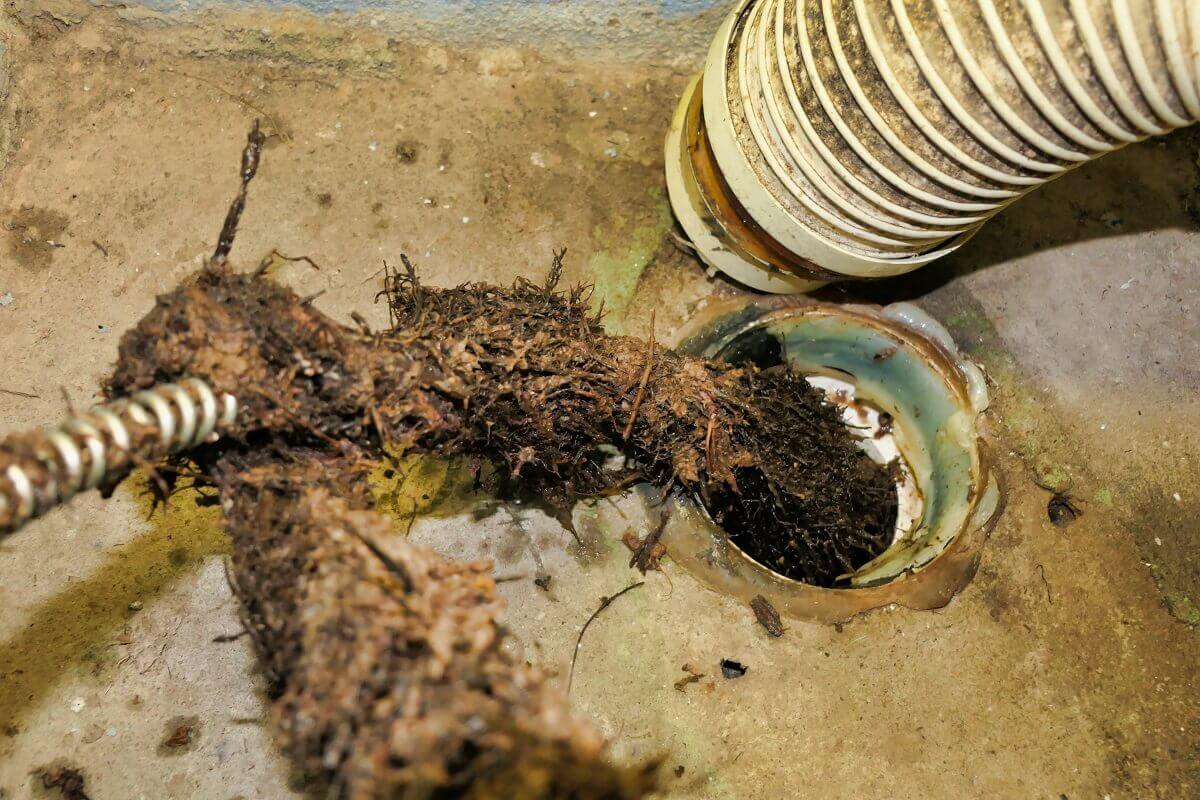 Dirty blocked drain filled with leaves and other natural material being unblocked. Licensed plumber from Gladesville Plumbing Services.