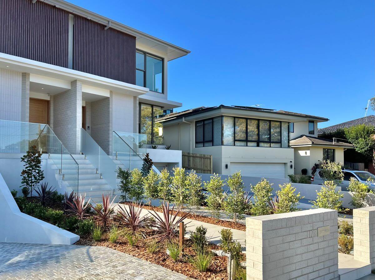 New modern homes in Marsfield, multilevel and new plants in garden beds. Part of Gladesville Plumbing Services North Sydney service area.