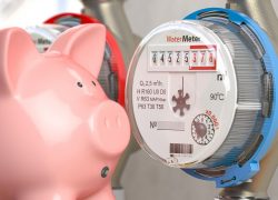 Piggy bank and water meter representative of how to save water at home.