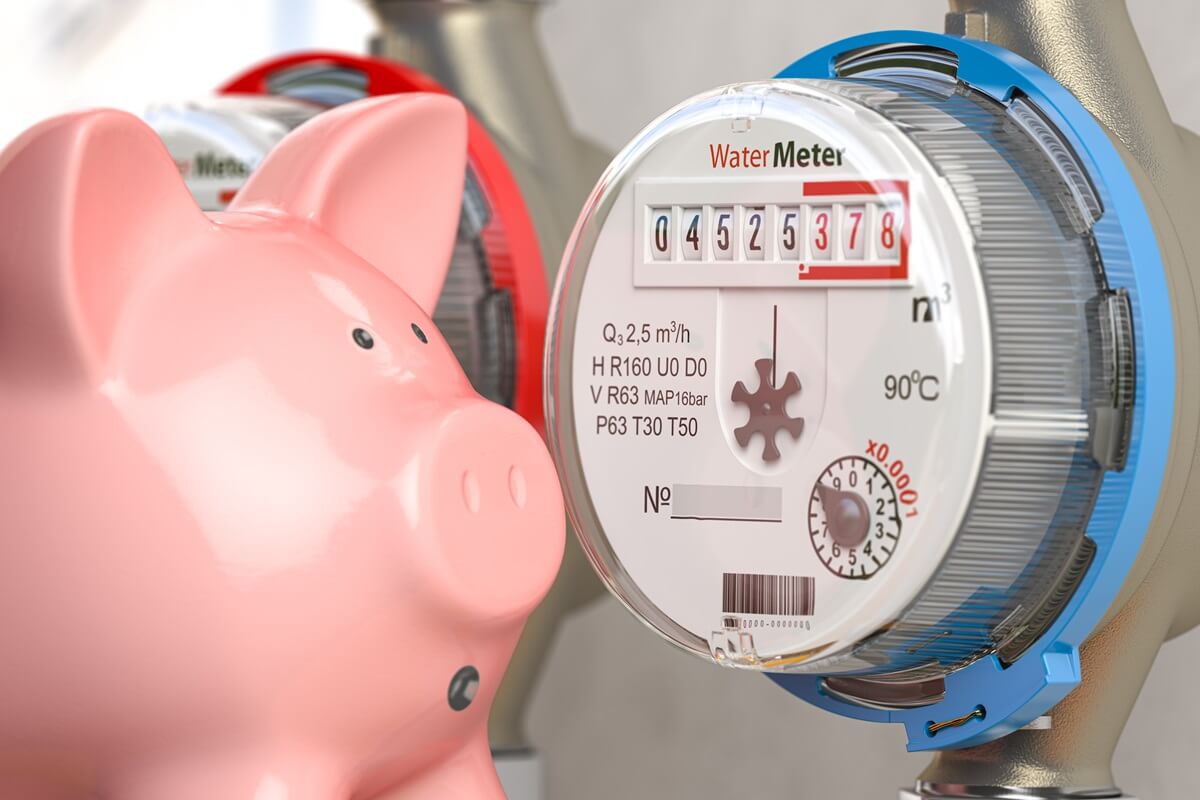 Piggy bank and water meter representative of how to save water at home.